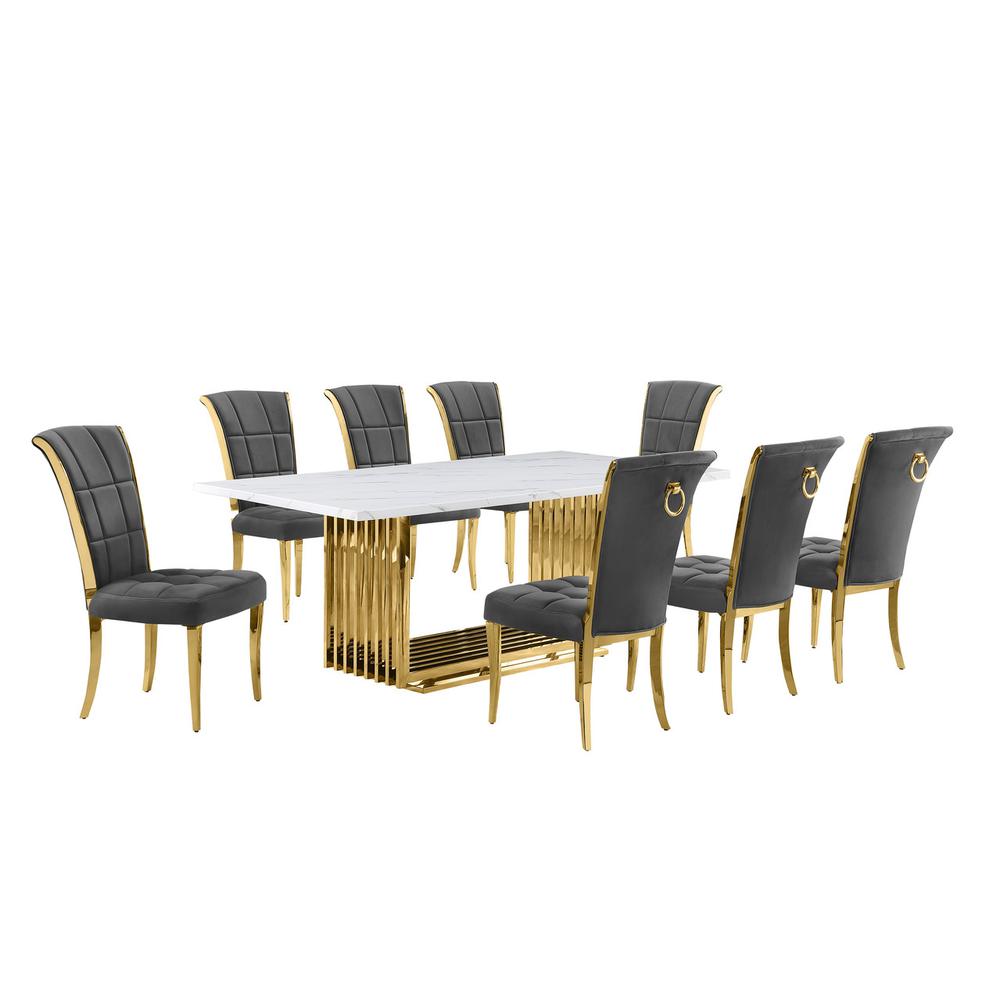 9pc Large(79″) marble top dining set with gold base and 8 Dark grey side chairs