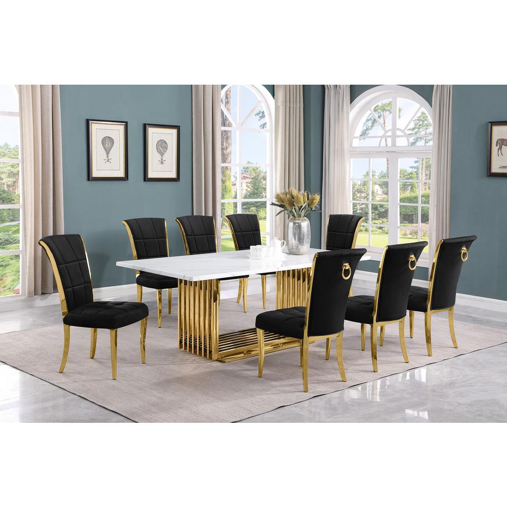 9pc Large(79″) marble top dining set with gold base and 8 Black side chairs