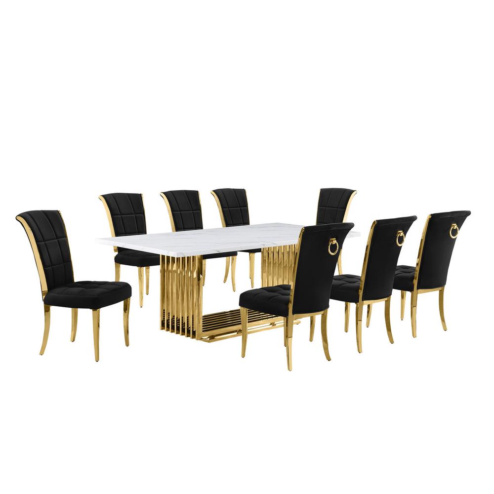 9pc Large(79″) marble top dining set with gold base and 8 Black side chairs