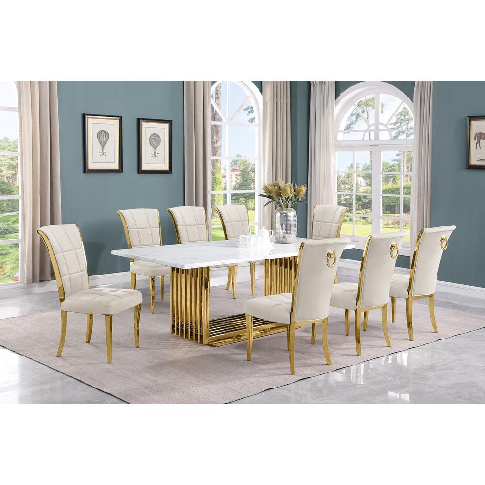 9pc Large(79″) marble top dining set with gold base and 8 Cream side chairs