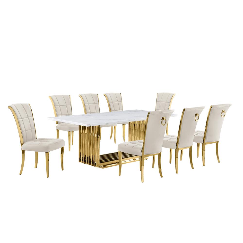 9pc Large(79″) marble top dining set with gold base and 8 Cream side chairs