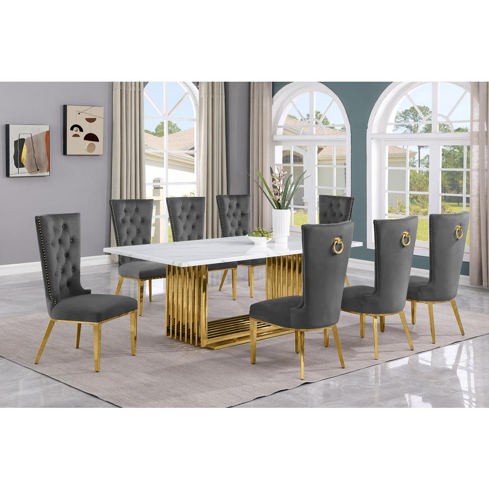 9pc Large(79″) marble top dining set with gold base and 8 Dark grey side chairs