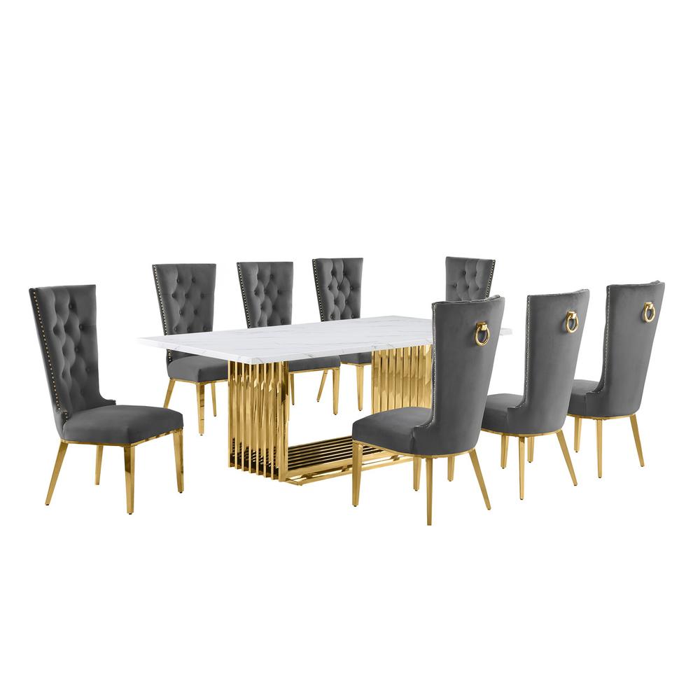 9pc Large(79″) marble top dining set with gold base and 8 Dark grey side chairs