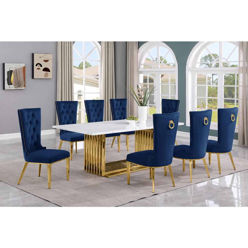 9pc Large(79″) marble top dining set with gold base and 8 Navy blue side chairs