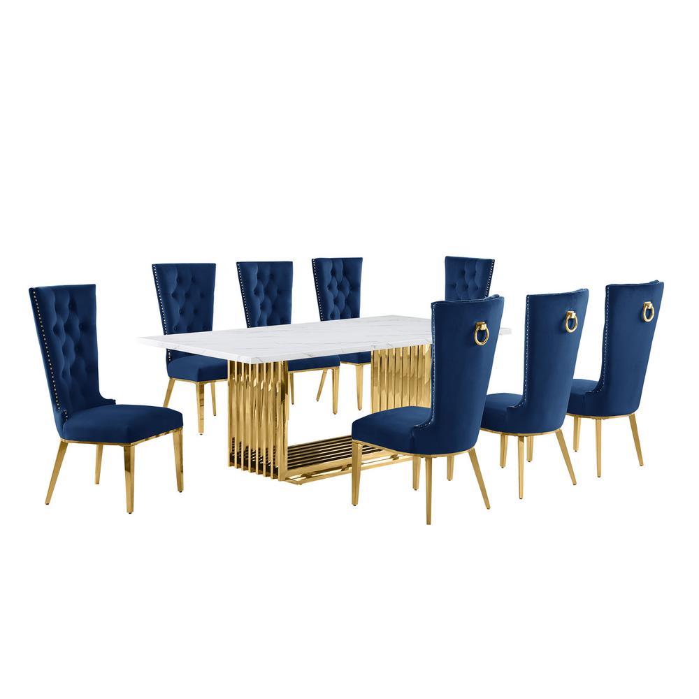 9pc Large(79″) marble top dining set with gold base and 8 Navy blue side chairs