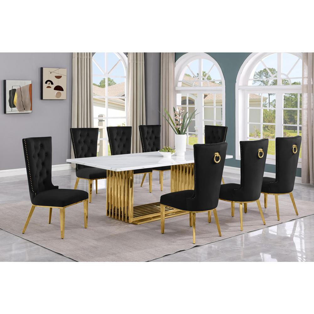 9pc Large(79″) marble top dining set with gold base and 8 Black side chairs