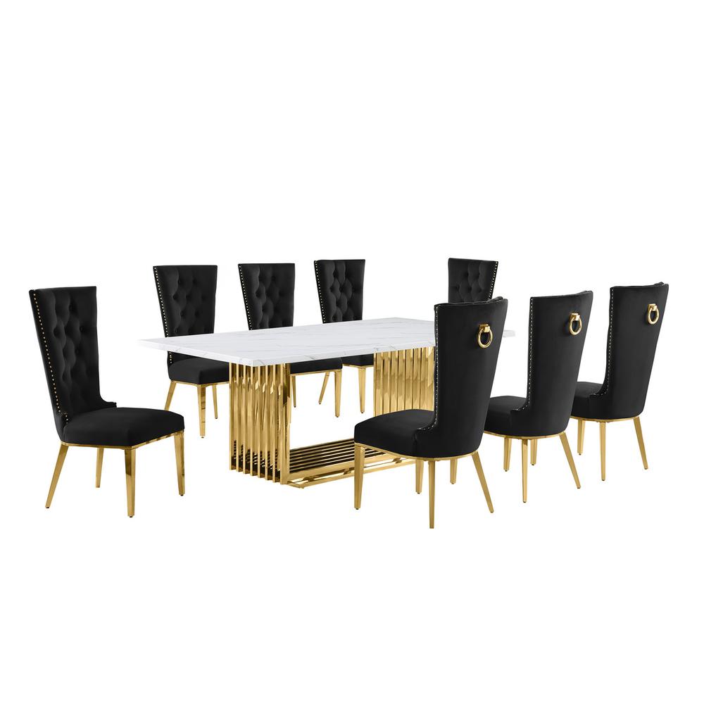 9pc Large(79″) marble top dining set with gold base and 8 Black side chairs