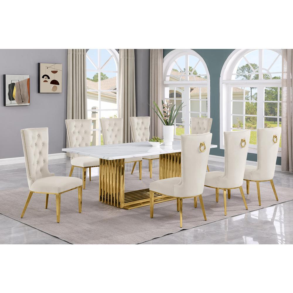9pc Large(79″) marble top dining set with gold base and 8 cream side chairs