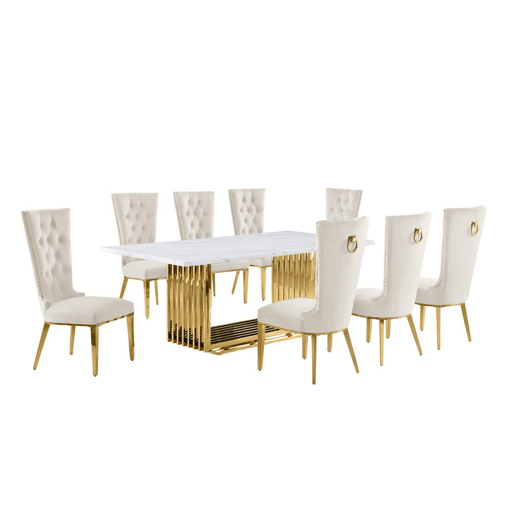 9pc Large(79″) marble top dining set with gold base and 8 cream side chairs