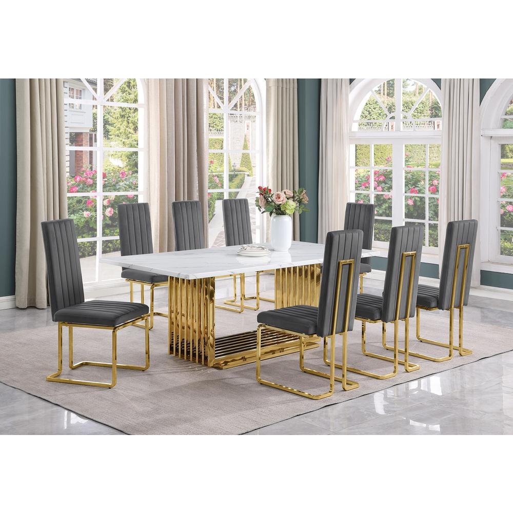 9pc Large(79″) marble top dining set with gold base and 8 Dark grey side chairs