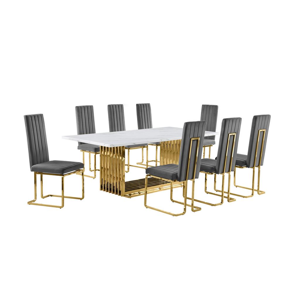9pc Large(79″) marble top dining set with gold base and 8 Dark grey side chairs