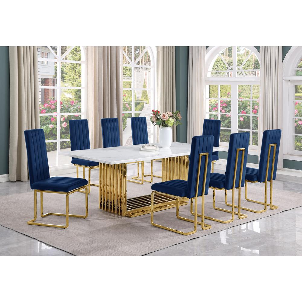 9pc Large(79″) marble top dining set with gold base and 8 Navy blue side chairs