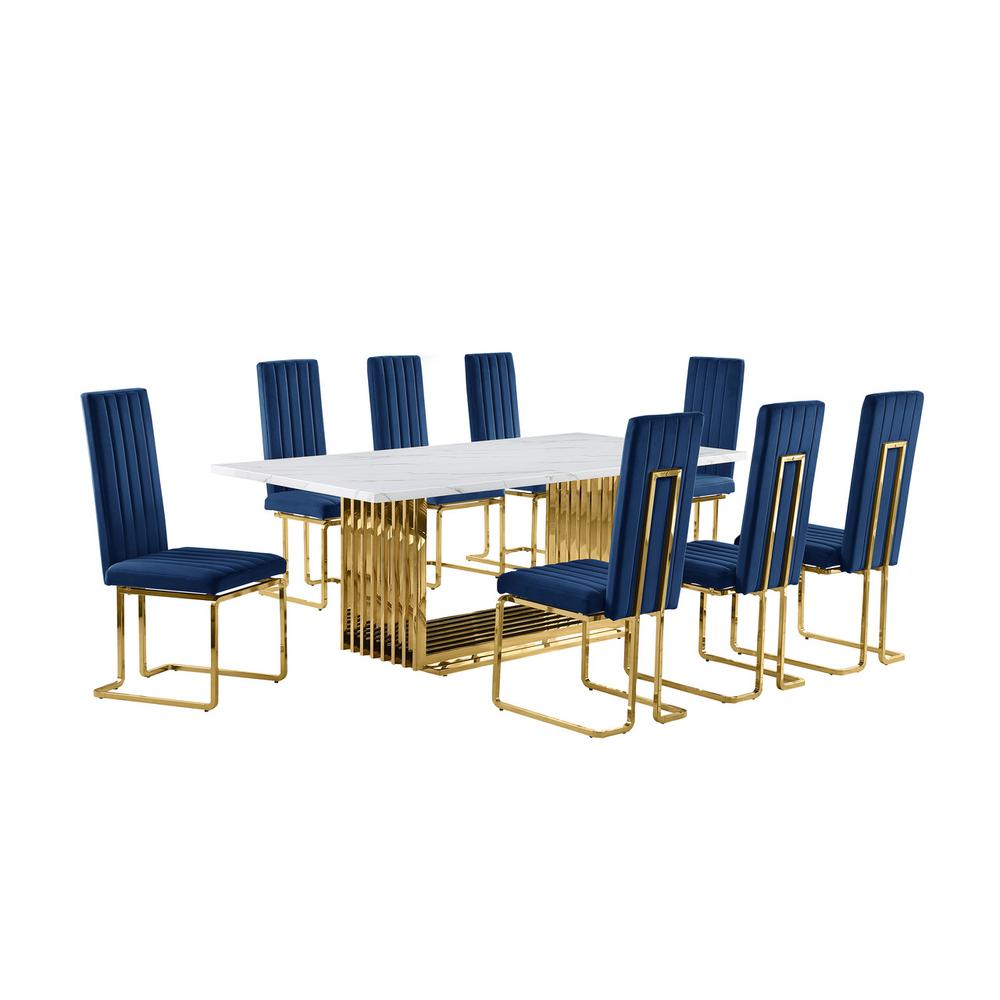 9pc Large(79″) marble top dining set with gold base and 8 Navy blue side chairs