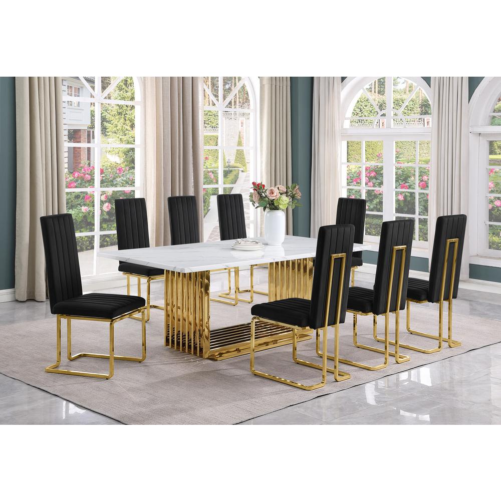 9pc Large(79″) marble top dining set with gold base and 8 Black side chairs