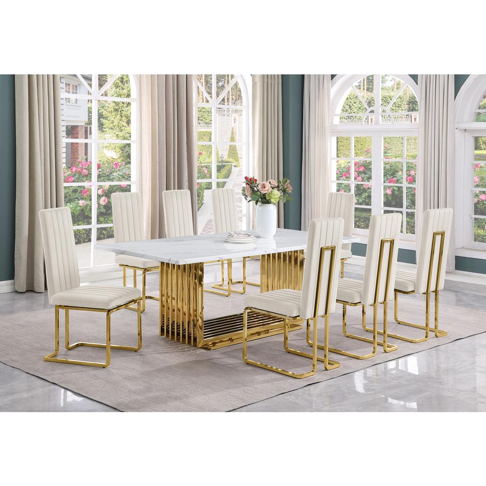 9pc Large(79″) marble top dining set with gold base and 8 cream side chairs