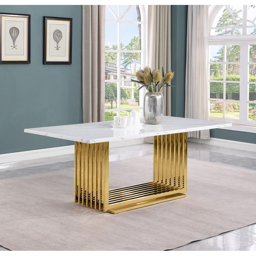 9pc Large(79″) marble top dining set with gold base and 8 Dark grey side chairs