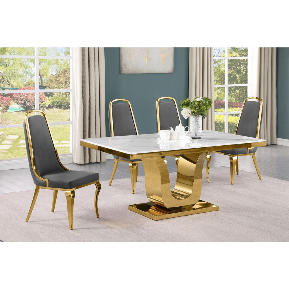 5pc Small(66″) marble top dining set with gold base and 4 Dark grey side chairs