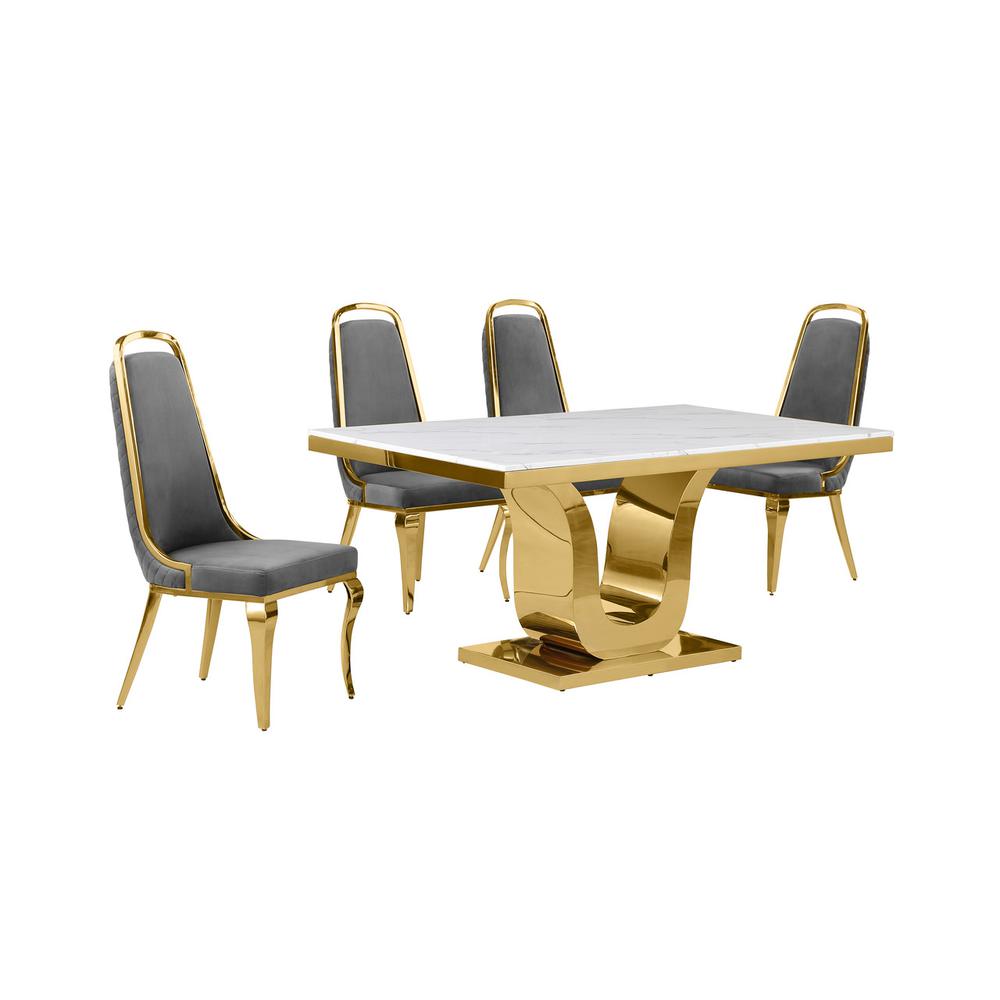 5pc Small(66″) marble top dining set with gold base and 4 Dark grey side chairs