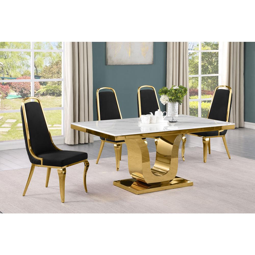 5pc Small(66″) marble top dining set with gold base and 4 Black side chairs