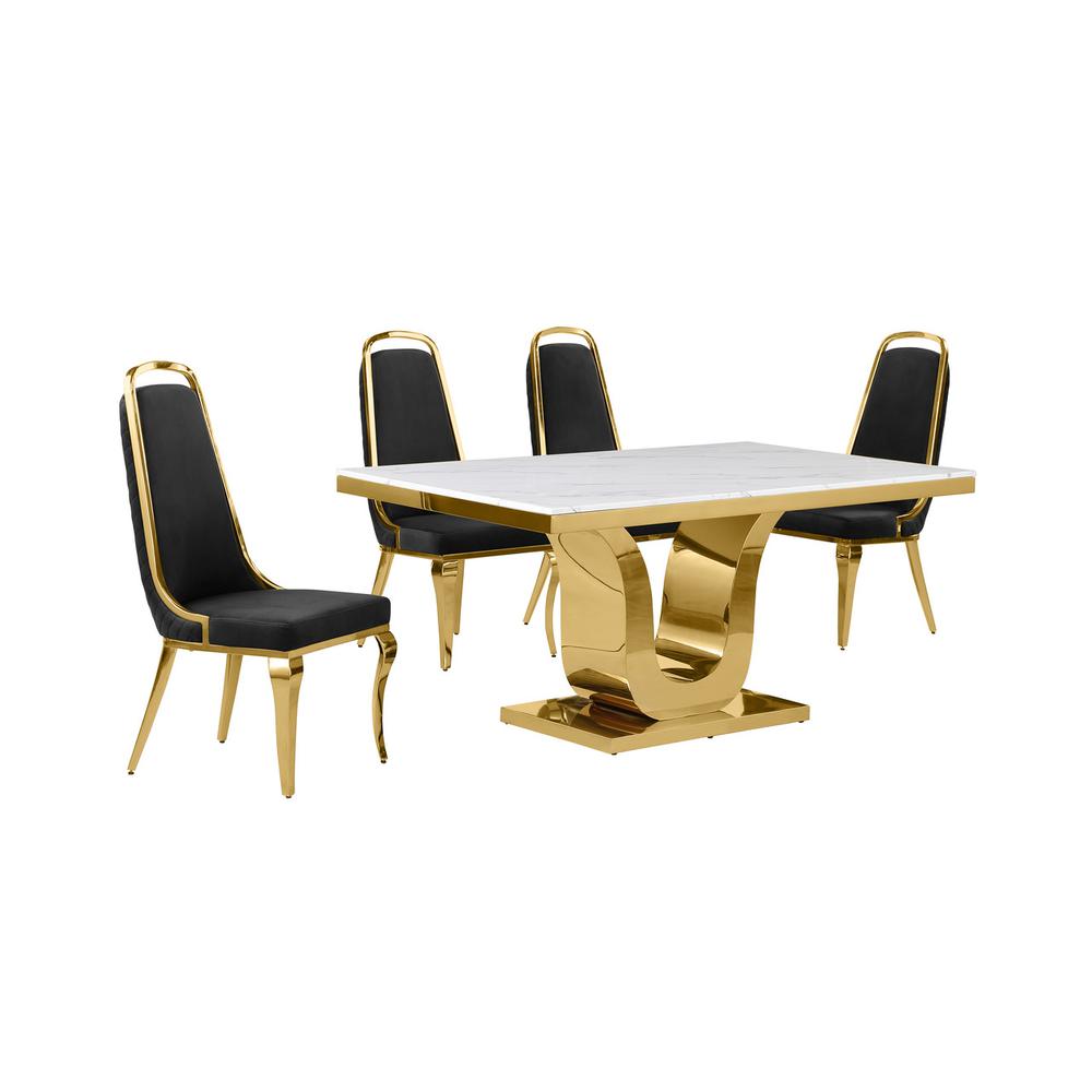 5pc Small(66″) marble top dining set with gold base and 4 Black side chairs