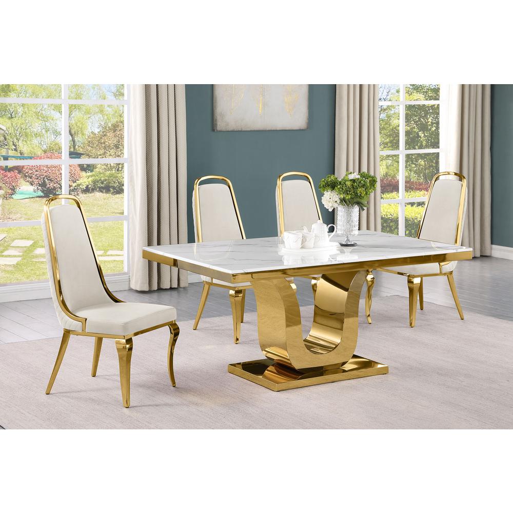 5pc Small(66″) marble top dining set with gold base and 4 Cream side chairs