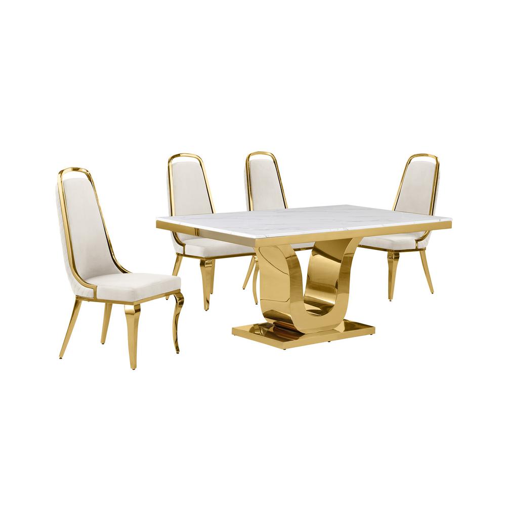 5pc Small(66″) marble top dining set with gold base and 4 Cream side chairs