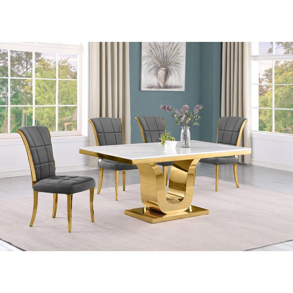 5pc Small(66″) marble top dining set with gold base and 4 Dark grey side chairs