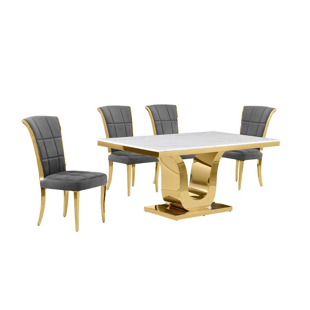 5pc Small(66″) marble top dining set with gold base and 4 Dark grey side chairs