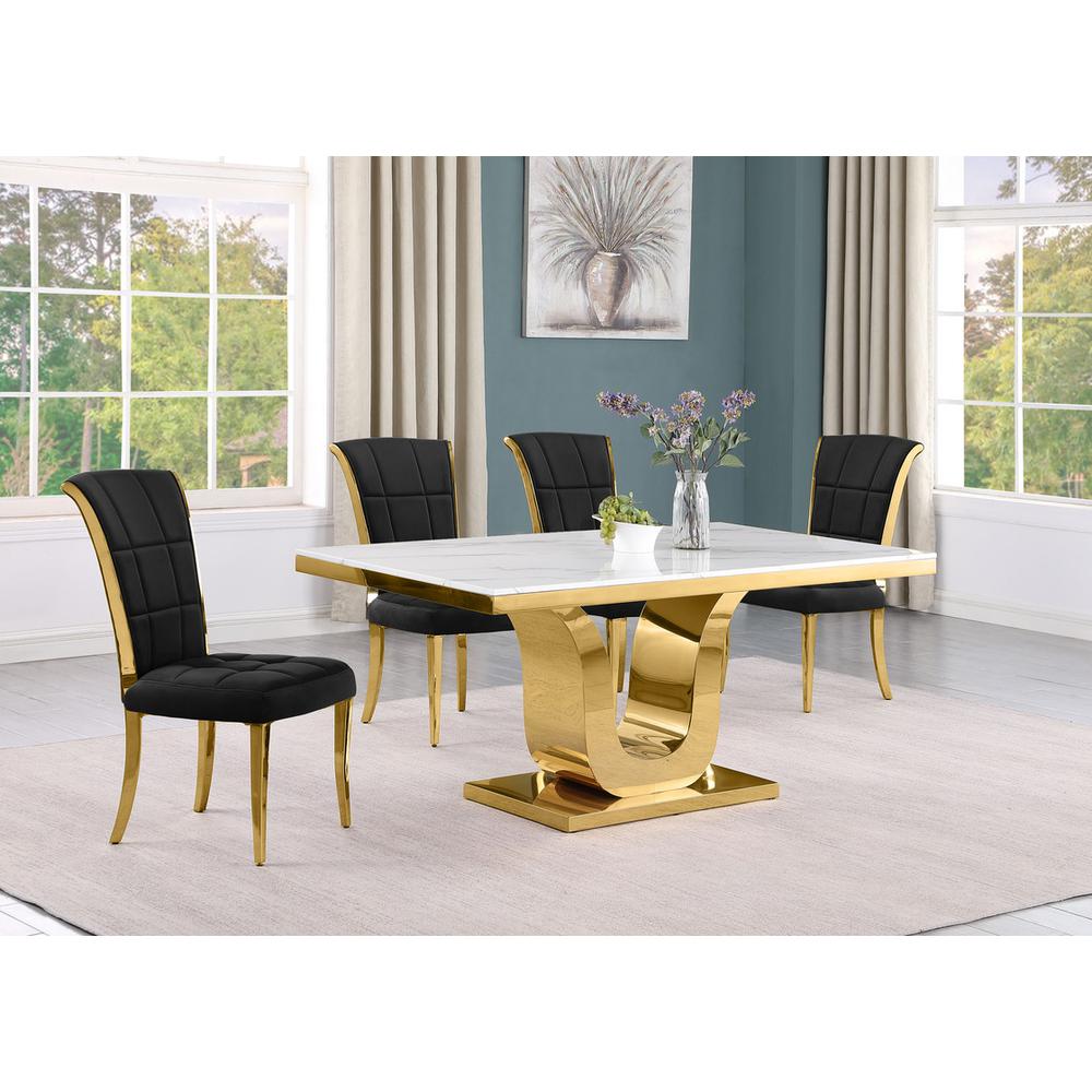 5pc Small(66″) marble top dining set with gold base and 4 Black side chairs