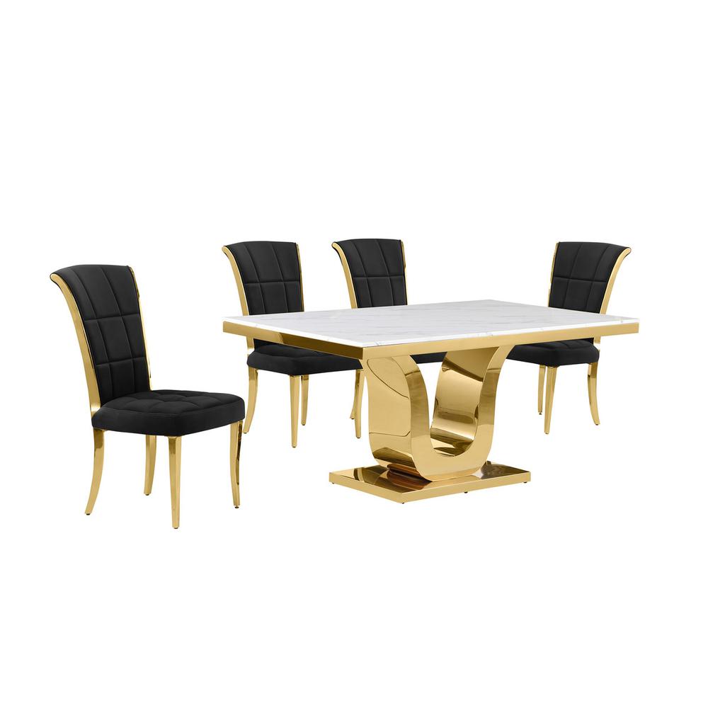 5pc Small(66″) marble top dining set with gold base and 4 Black side chairs