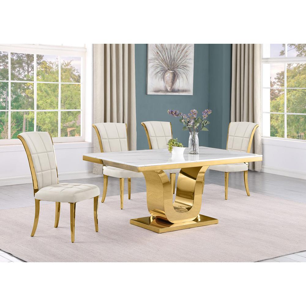 5pc Small(66″) marble top dining set with gold base and 4 Cream side chairs