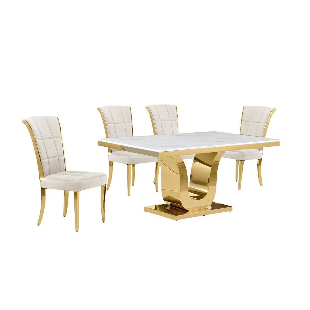5pc Small(66″) marble top dining set with gold base and 4 Cream side chairs