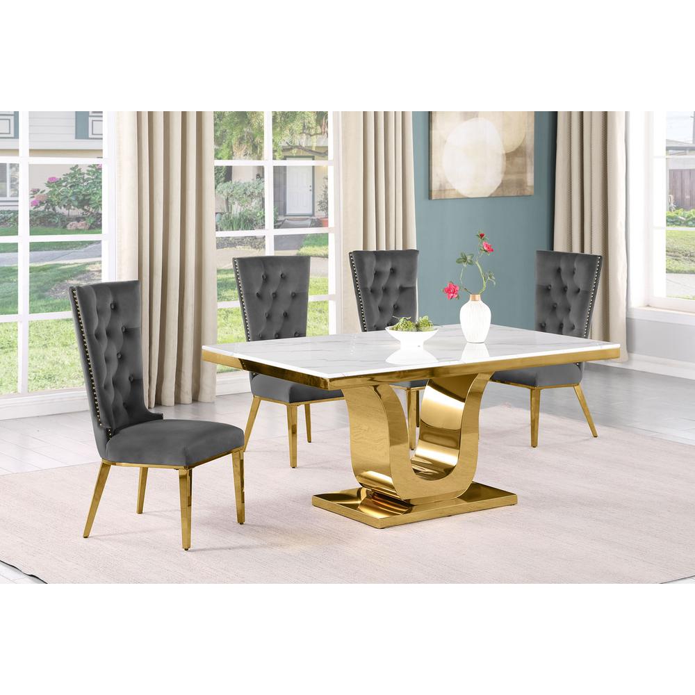 5pc Small(66″) marble top dining set with gold base and 4 Dark grey side chairs