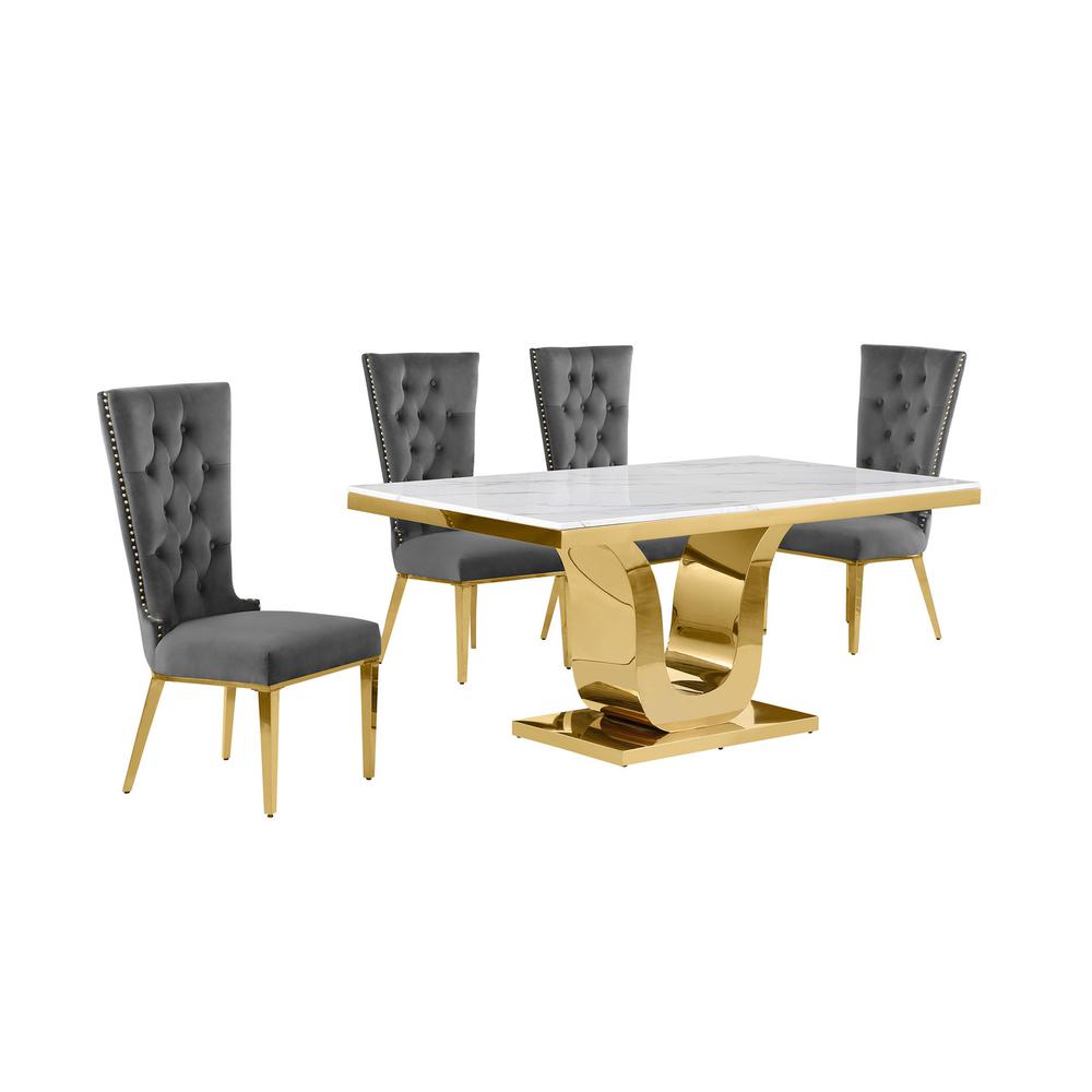 5pc Small(66″) marble top dining set with gold base and 4 Dark grey side chairs