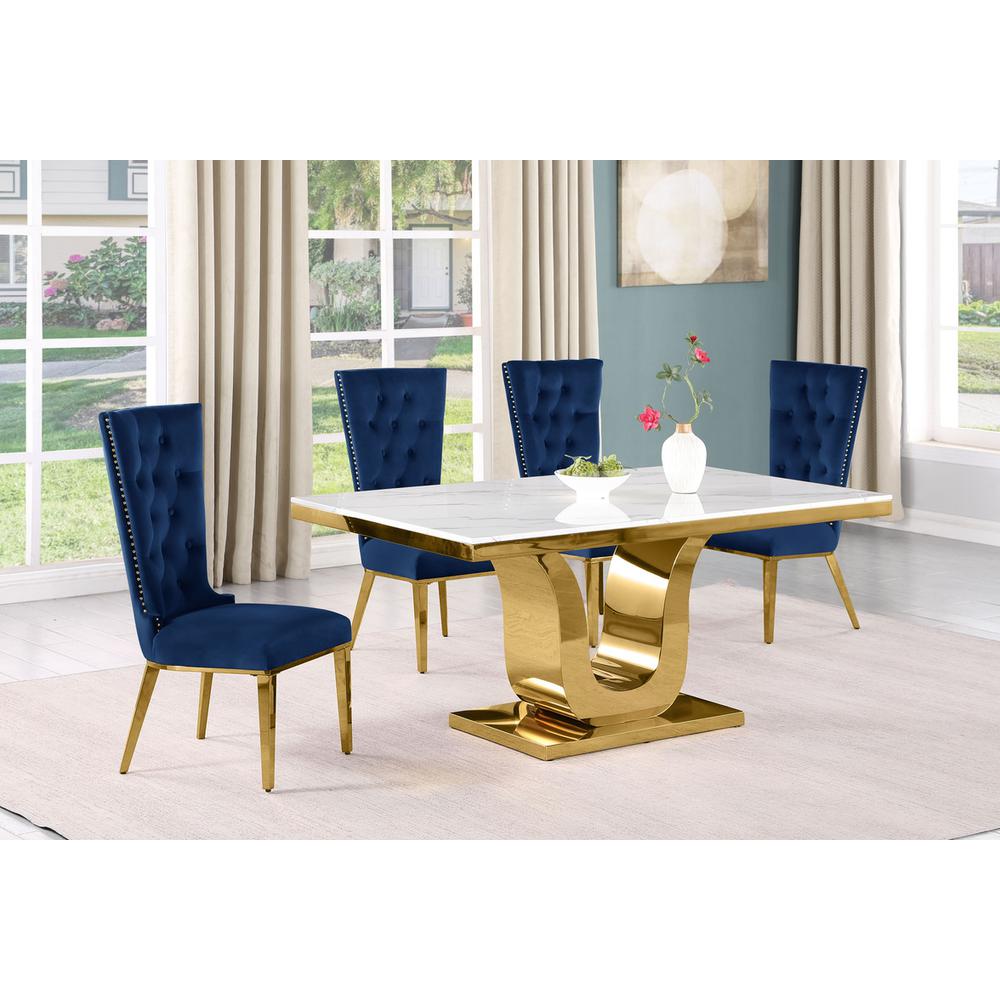 5pc Small(66″) marble top dining set with gold base and 4 Navy blue chairs
