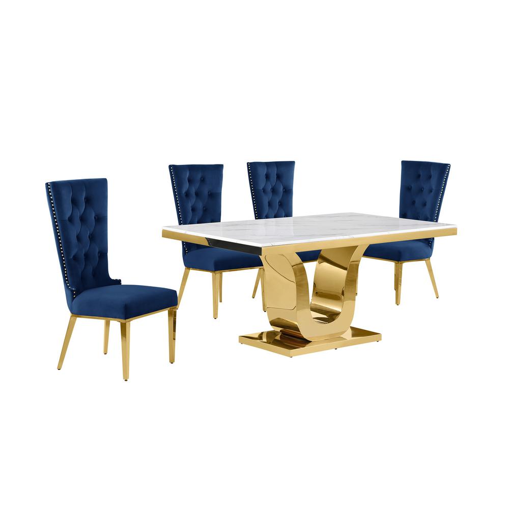 5pc Small(66″) marble top dining set with gold base and 4 Navy blue chairs