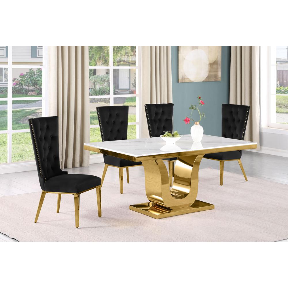 5pc Small(66″) marble top dining set with gold base and 4 Black side chairs