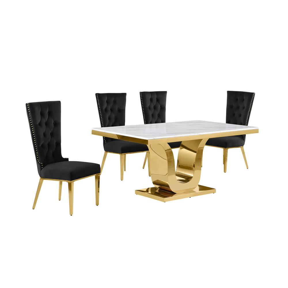 5pc Small(66″) marble top dining set with gold base and 4 Black side chairs
