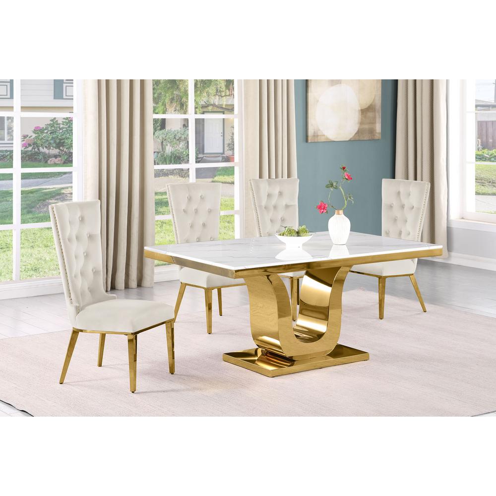5pc Small(66″) marble top dining set with gold base and 4 Cream side chairs