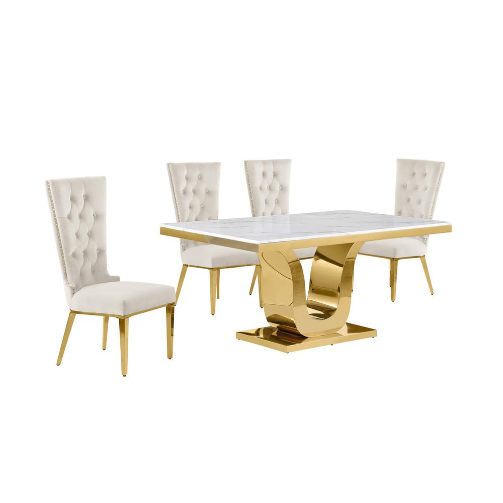 5pc Small(66″) marble top dining set with gold base and 4 Cream side chairs