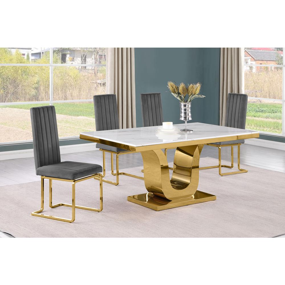 5pc Small(66″) marble top dining set with gold base and 4 Dark grey side chairs