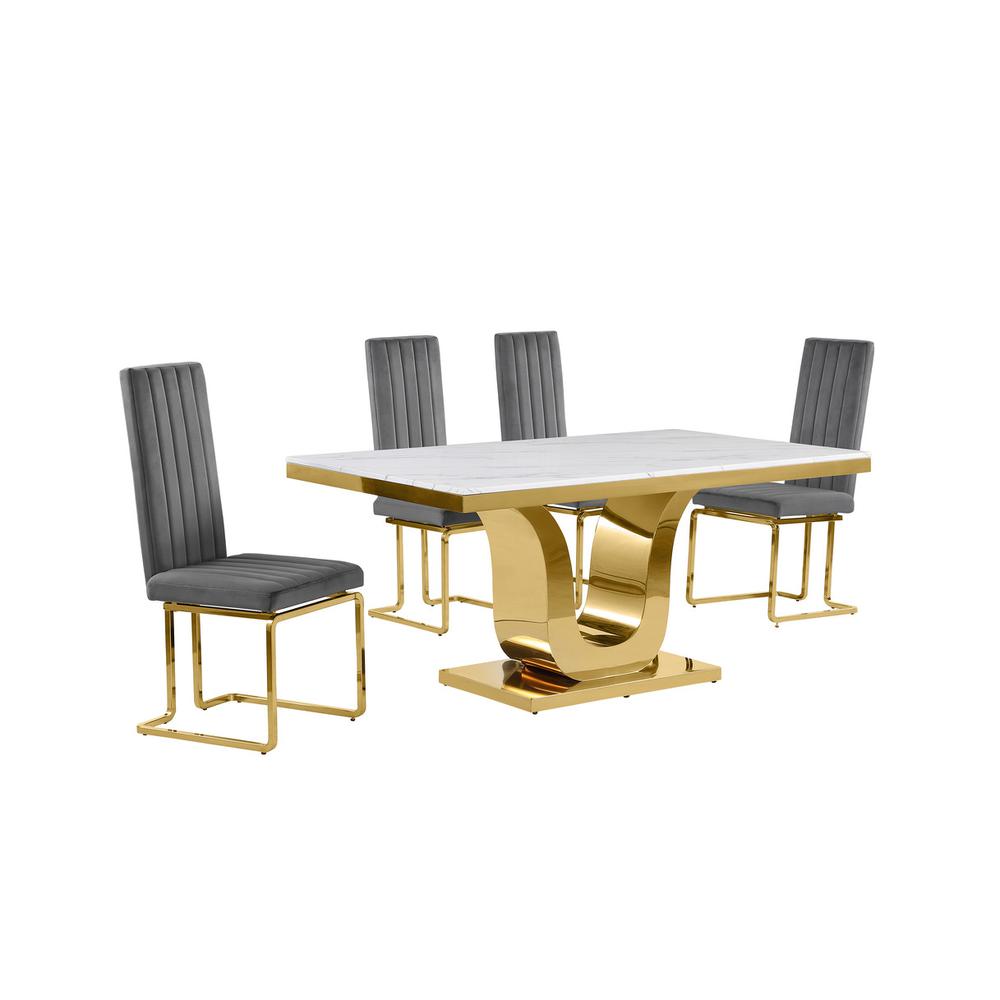5pc Small(66″) marble top dining set with gold base and 4 Dark grey side chairs