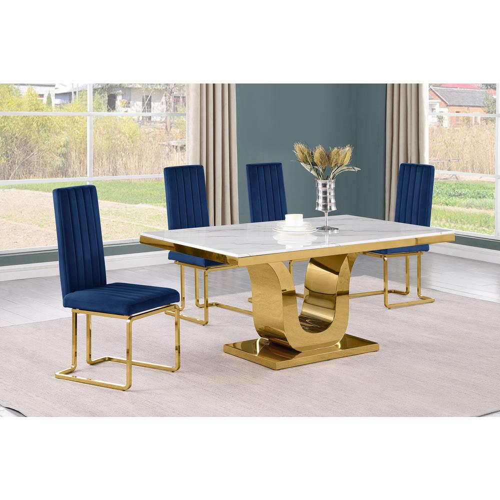 5pc Small(66″) marble top dining set with gold base and 4 Navy blue chairs