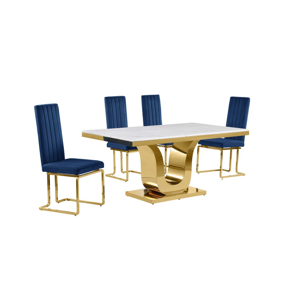 5pc Small(66″) marble top dining set with gold base and 4 Navy blue chairs