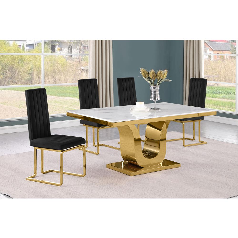 5pc Small(66″) marble top dining set with gold base and 4 Black side chairs