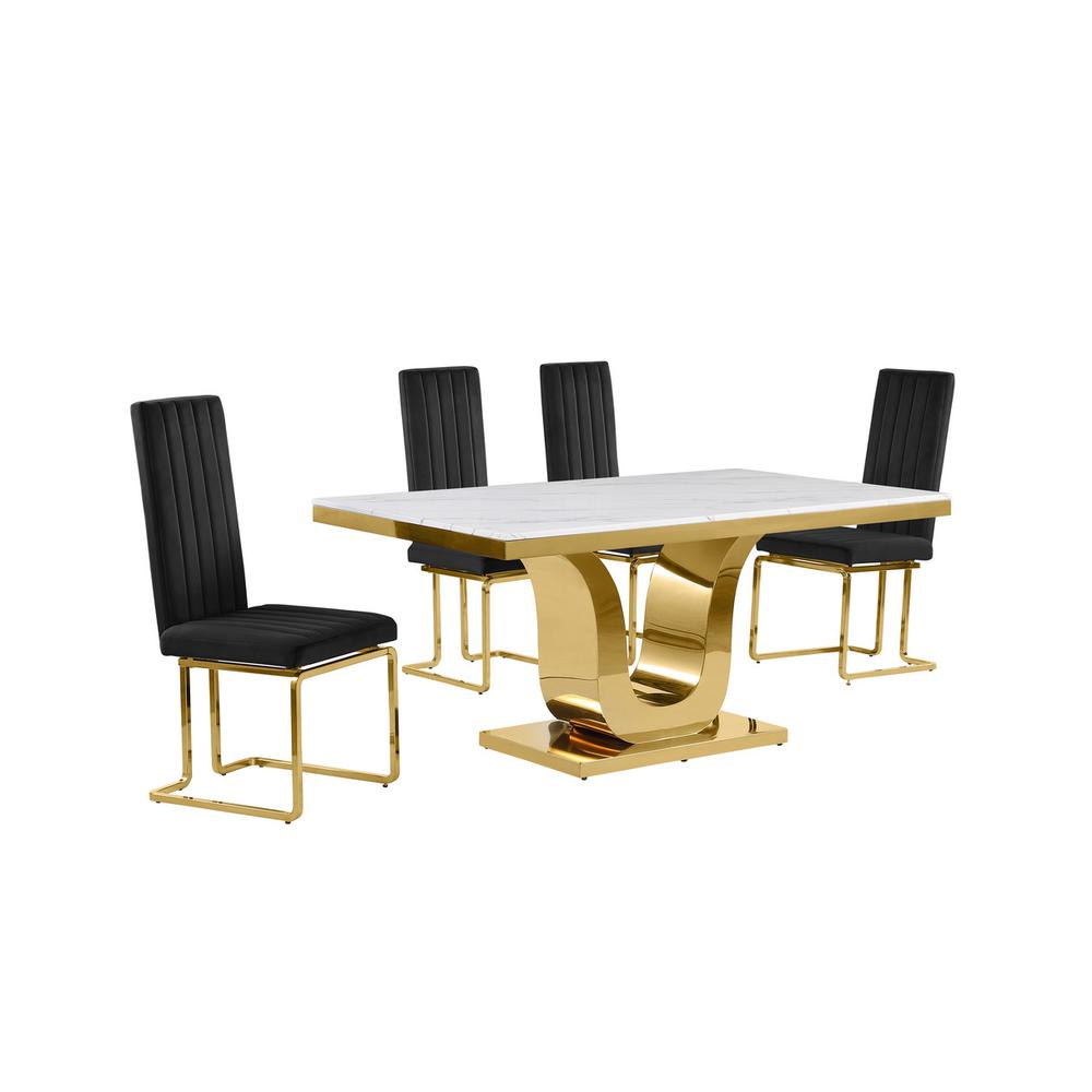 5pc Small(66″) marble top dining set with gold base and 4 Black side chairs