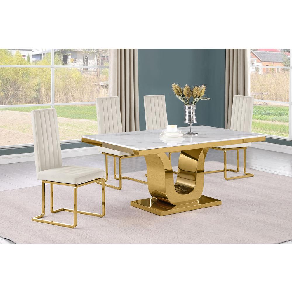 5pc Small(66″) marble top dining set with gold base and 4 Cream side chairs