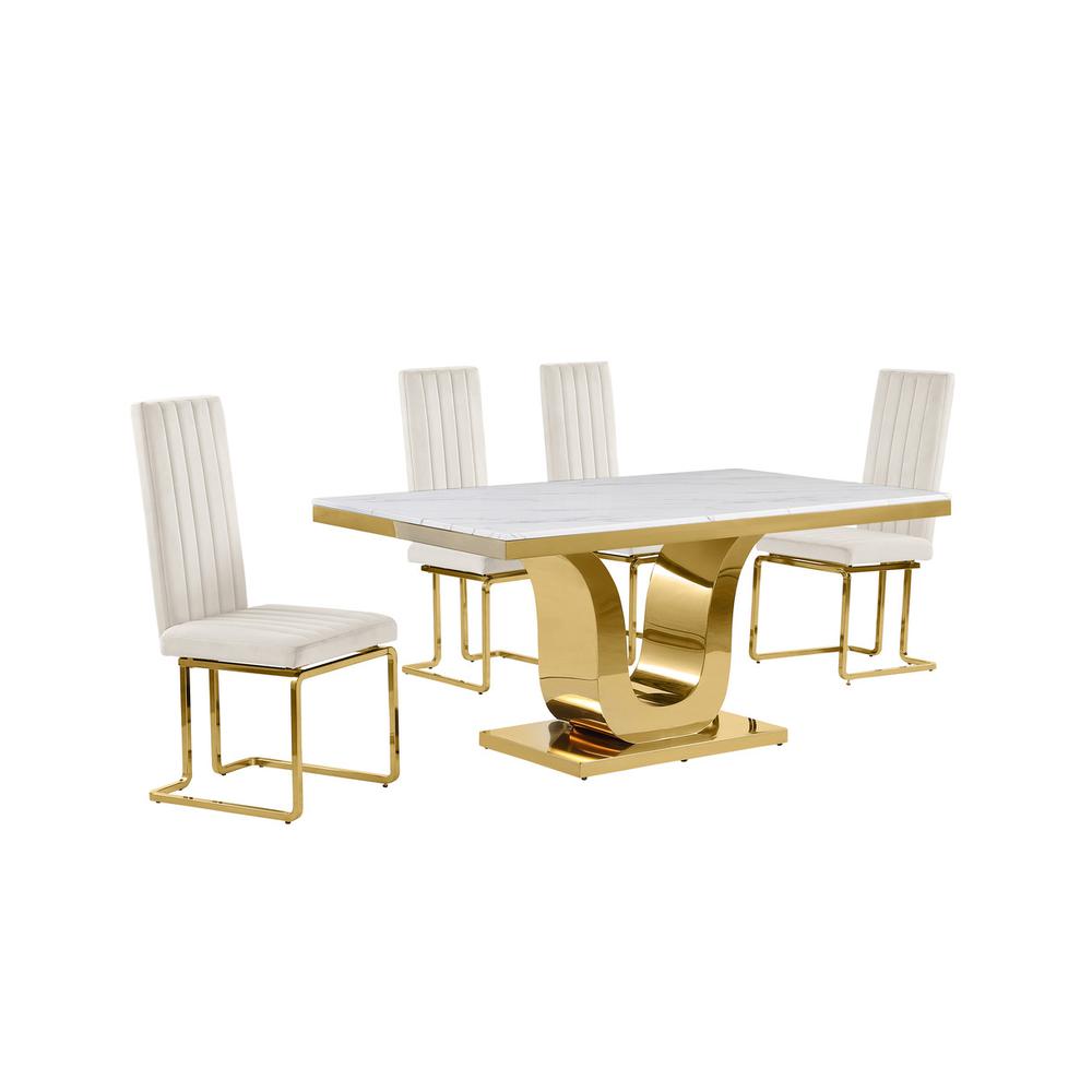 5pc Small(66″) marble top dining set with gold base and 4 Cream side chairs