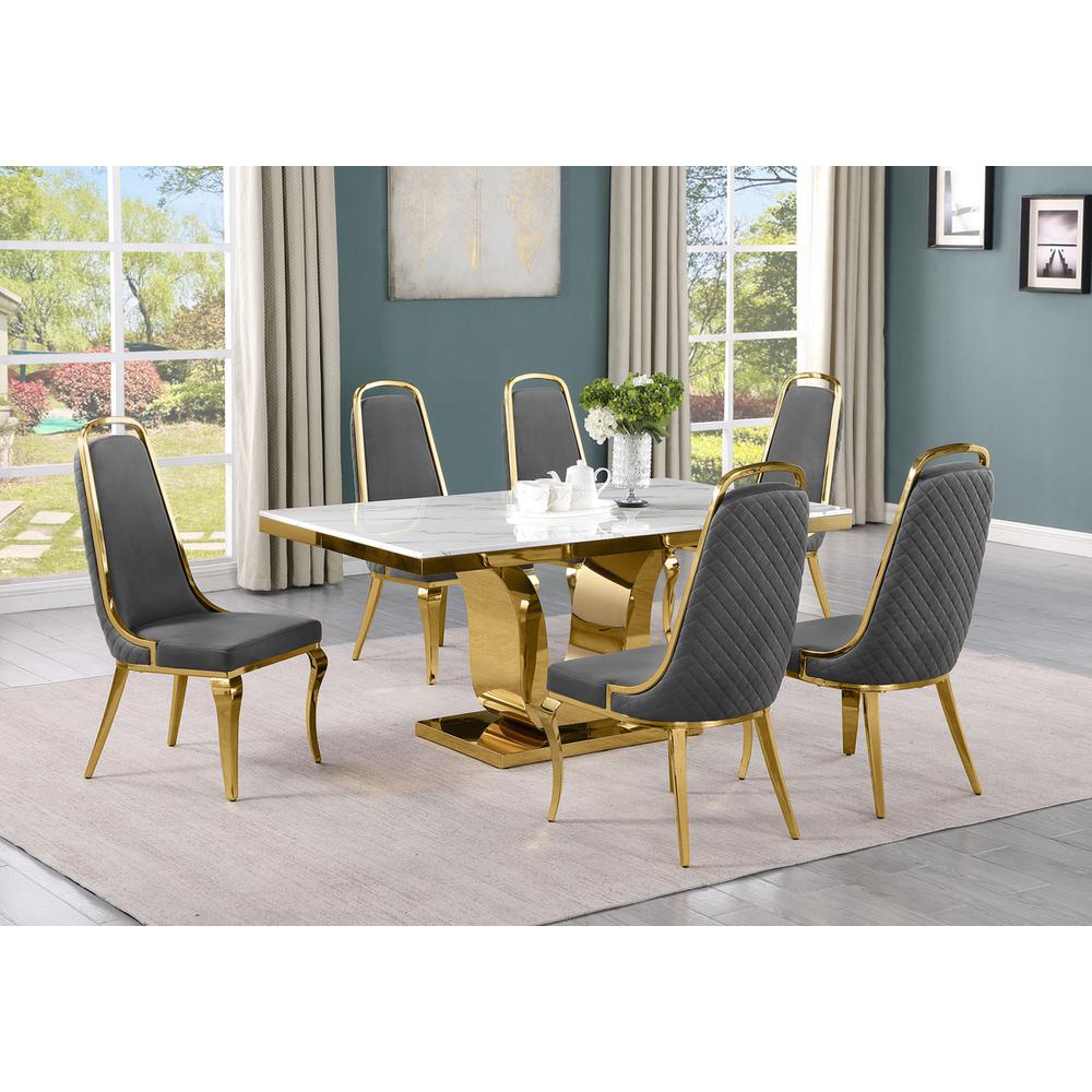 7pc Small(66″) marble top dining set with gold base and 6 Dark grey side chairs