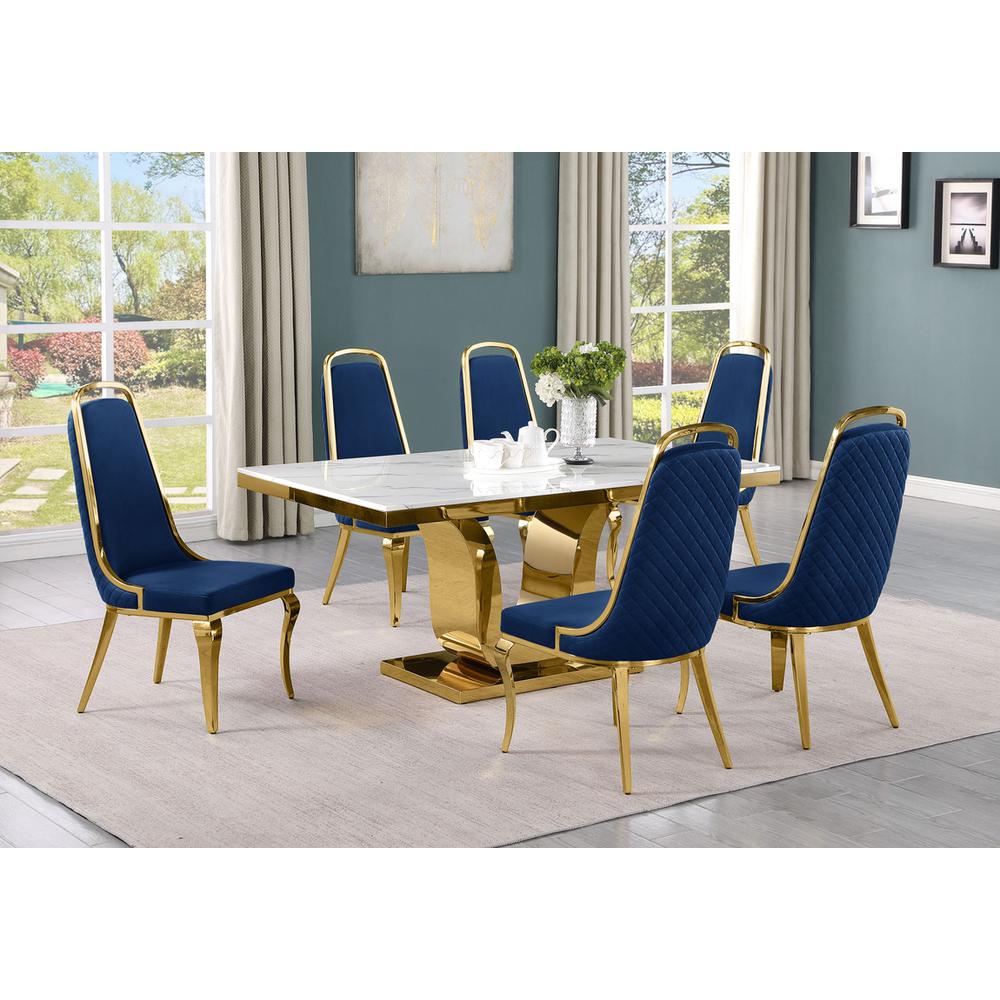 7pc Small(66″) marble top dining set with gold base and 6 Navy blue side chairs
